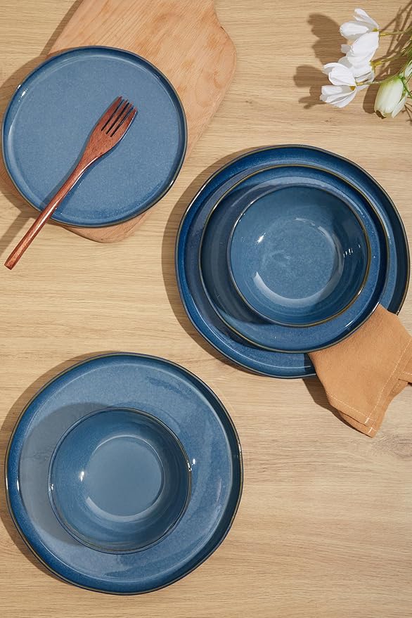 24 Piece Dark Ceramic Dinnerware Set,Slate Blue Plates and Bowls Set for 8 – Minimalist Dish Sets for Hosting with Edge and Elegance