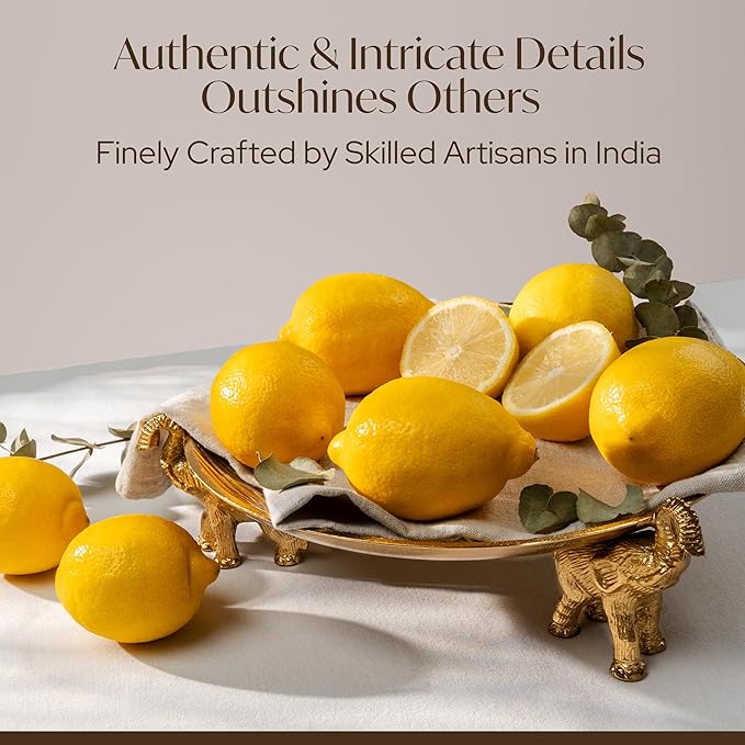 Round Decorative Tray with Elephant Stands, Golden – Tray for Coffee Table, Home Decor, Centerpiece, Serving Platter & More – Circular Tray with Symbolic Elephants