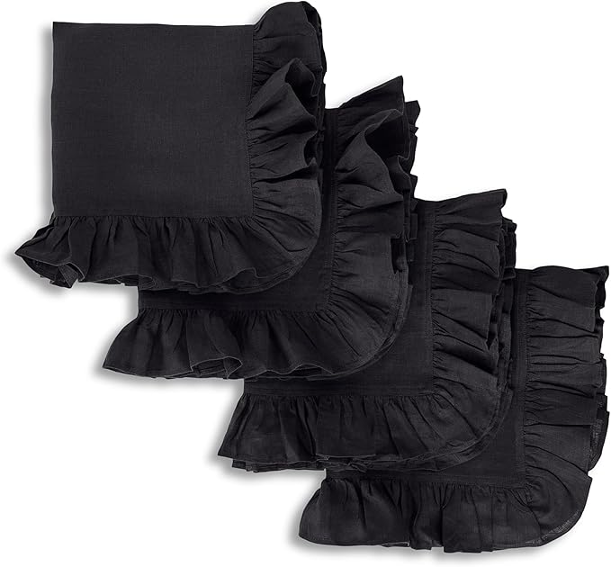 Solino Home Linen Ruffle Cloth Napkins Set of 4-100% Pure Linen Black Dinner Napkins 20 x 20 Inch for Winter, Christmas, New Year - Gabrielle Ruffle, Handcrafted and Machine Washable