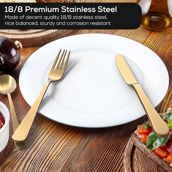 Upgraded 18/8 Stainless Steel 28-Piece Flatware Cutlery Set(Gold)-Silverware set for 4-Luxurious Home Kitchen Dinnerware Sets-Great Kitchen Accessories-Perfect House Warming/Christmas Gift