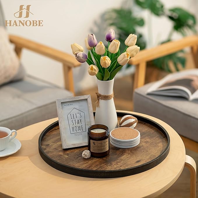Hanobe Decorative Coffee Table Tray: Brown Wood Tray Round Rustic Wooden Trays Circle Farmhouse Centerpiece Candle Holder for Home Decor Ottoman Counter Display Living Room Organizer 18"
