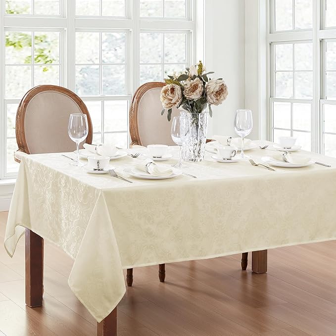 Elrene Home Fashions Caiden Elegance Damask Waterproof, Stain & Wrinkle Resistant Fabric Tablecloth, 52" x 52" Square, Ivory