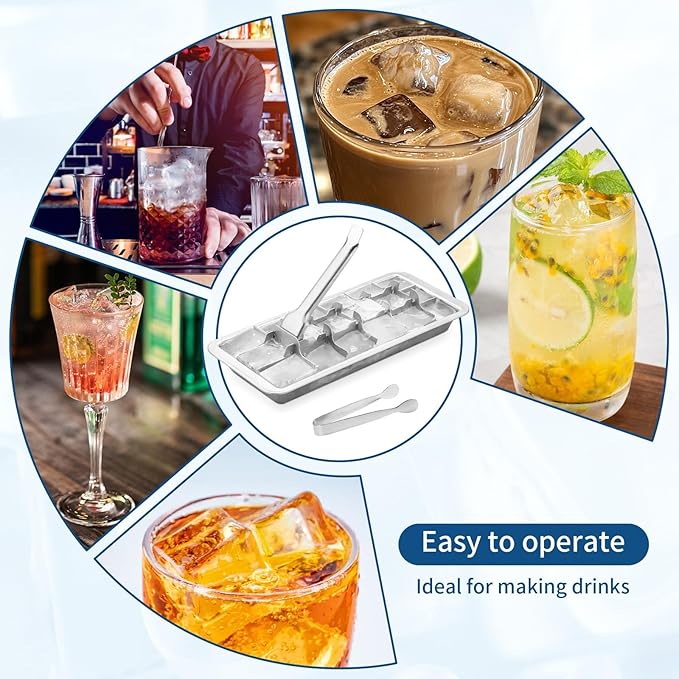 Stainless Steel Ice Cube Trays with Tweezers, Easy-Release Lever Handle, Durable Metal Ice Cube Trays for Freezer, Ideal for Whiskey, Cocktails & Drinks (2 Pack)