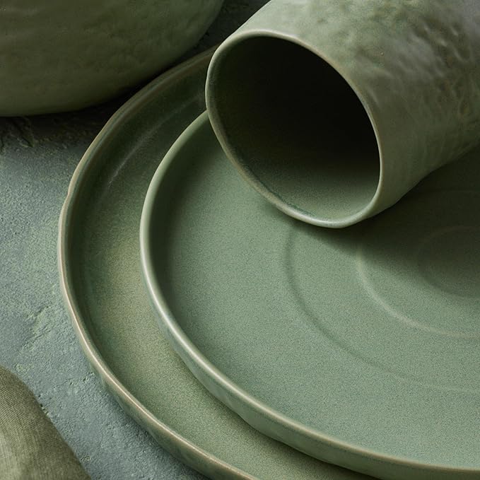Stone by Mercer Project SHOSAI 32-Piece Stoneware Dinnerware Set, Plates and Bowls Set, Modern Dishware set fo 8, Sage