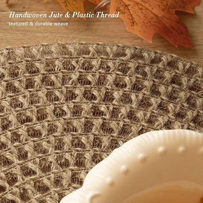Noctiflorous Round Burlap Placemats Set of 6 Jute Rustic Place Mats for Dining Table Heat Resistant Natural Farmhouse Table Mats Decor (Jute Knit, 6)
