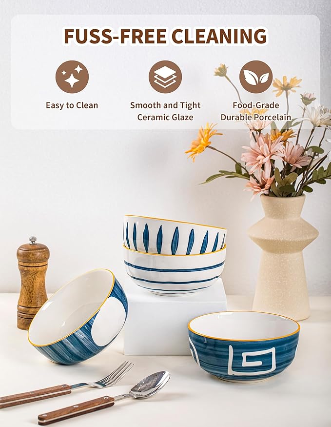 Yeacccng Ceramic Cereal Bowls Set of 4, 27 Oz Soup Bowls, 6 Inch Restaurant Style Cereal Bowl, Decorative Serving Bowls for Kitchen Decor, Scratch-Resistant, Lead-Free (6 Inch Cereal Bowls Set of 4)