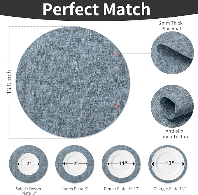 Maxpearl Round Placemats Set of 6, 13.8 inch Faux Leather Heat Resistant Table Mats, Non Slip Waterproof Wipeable Place Mats for Kitchen Dining Holiday Party Table Settings, Blue