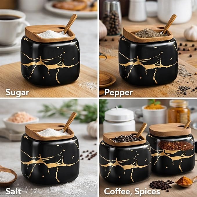 2 Sets of Marble Ceramic Sugar Bowl Ceramic Seasoning Jars with Wooden Lid and Wooden Spoon(Black and White)