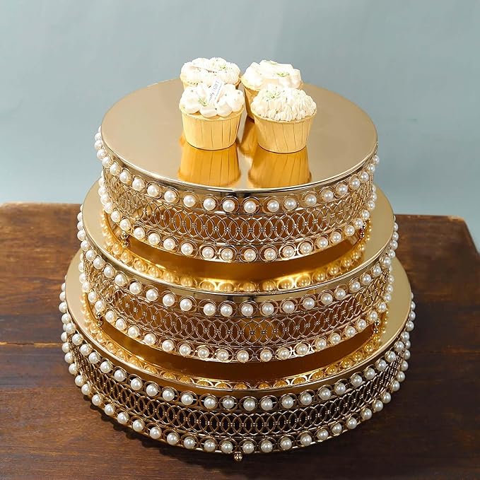 Efavormart Set of 3 Pearl Beaded Gold Metal Cake Stands with Mirror Top, Stackable Round Cupcake Holder Dessert Display Stands - 12",14",16"