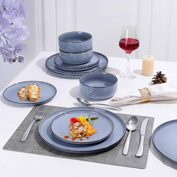 Herogo 12 Pieces Stoneware Dinnerware Sets Service for 4, Dinner Plates and Bowls Sets, Double Reactive Glaze Dishes Set for Kitchen, Scratch Resistant, Microwave & Dishwasher Safe, Haze Blue