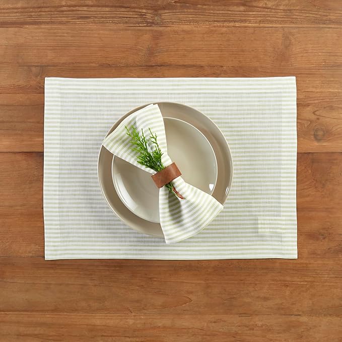 Solino Home Linen Cloth Napkins Set of 4-100% Pure Linen Sage and White Striped Dinner Napkins 20 x 20 Inch for Christmas, New Year - Narrow Stripe, Handcrafted and Machine Washable