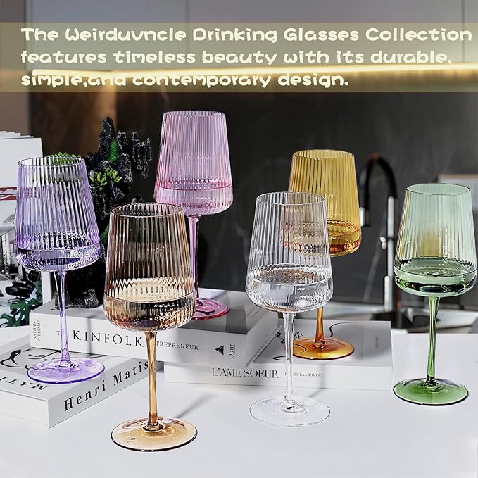 Hand Blown Ribbed Wine Glasses with stem, Lead-Free Crystal Glasses, Luxury Gift, Set of 6, Unique, 18oz Premium Wine Goblet, Large capacity, Fluted Design (6pcs mixed colored)