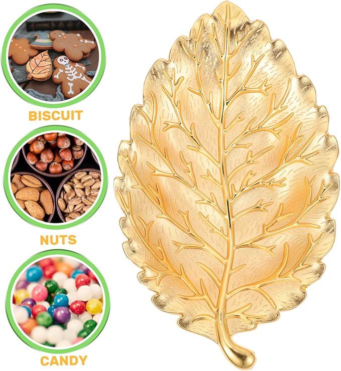 LIFKOME Leaf Shape Serving Tray for Snacks Fruits and Desserts Nordic Style Decorative Dish for Home Kitchen Bar and Party Use Medium Alloy Snack Plate Elegant Gold Finish