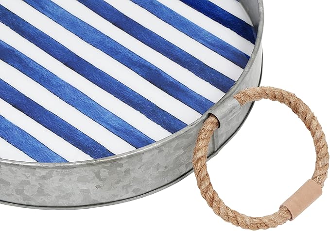 Round Serving Tray – Santorini Collection Set of 2 Decorative Trays – Blue and White Ottoman Tray with Natural Jute Handles – Galvanized Iron Trays for Coffee Table, Liquor Display, Decor