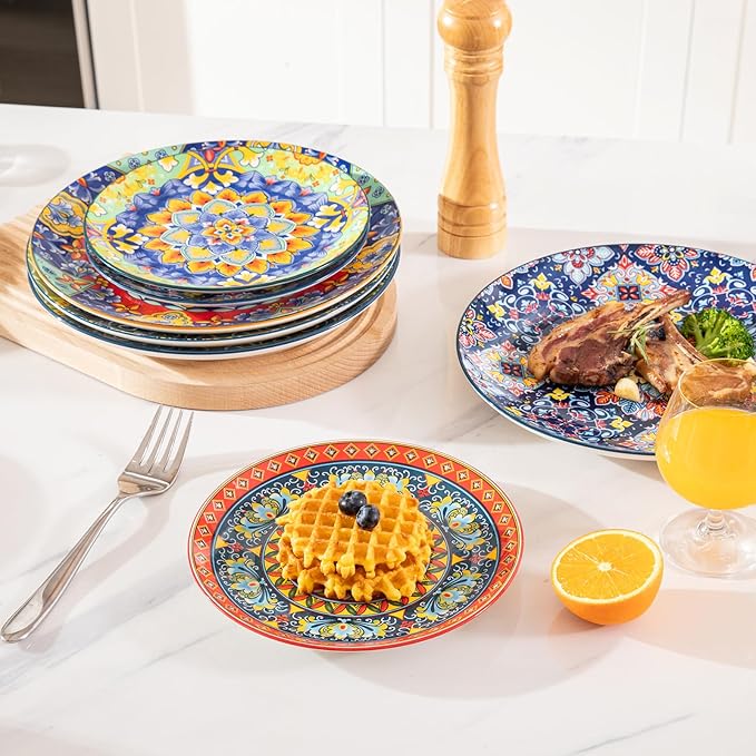 Sweejar Salad Plates 8 Inch,Ceramic Dessert Plates Set of 6,Bohemian Style Small Dinner Plates Dishwasher and Microwave Safe Round Colorful Dishes for Kitchen