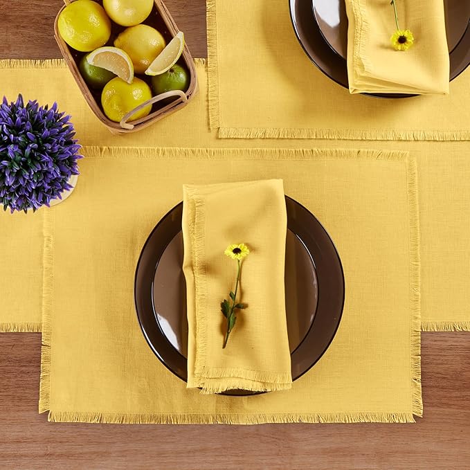 Solino Home Fringe Linen Cloth Napkins Set of 4-100% Pure Linen Marigold Yellow Dinner Napkins 20 x 20 Inch - Handcrafted and Machine Washable