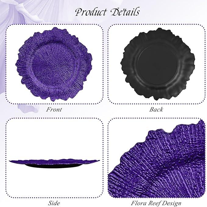 24 Pack Purple Charger Plates Bulk, 13" Plastic Reef Chargers for Dinner Plates, Round Charger Plate with Floral Reef Design for Dinner Wedding Party Table Setting Decoration