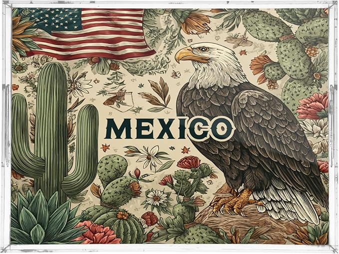 Serving Tray with Handles Clear Acrylic Tray 12x16 Inch Decorative Rectangular Tray Organizer for Ottoman Coffee Table Bathroom Retro Mexico American Eagle Cactus Beige