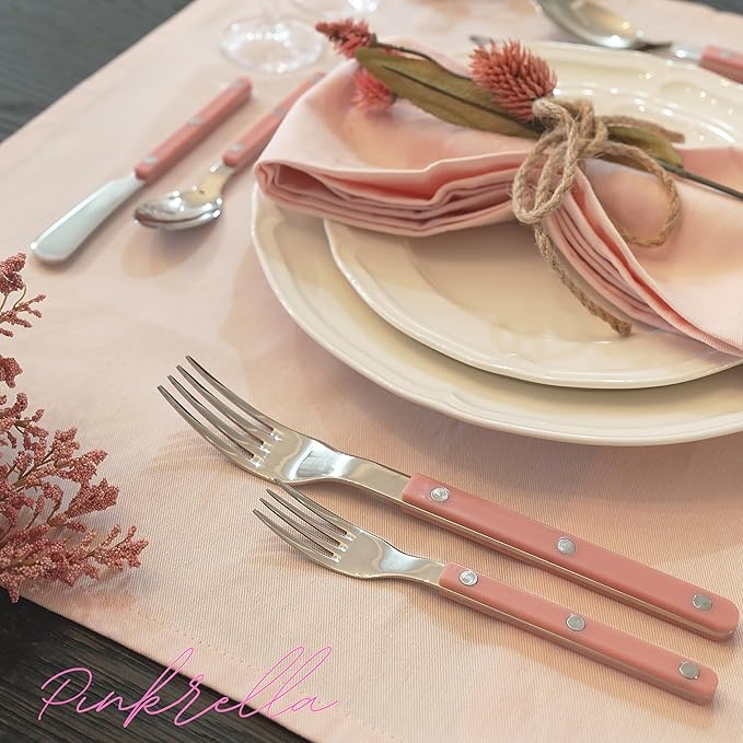 6-Piece Stainless Steel Flatware Silverware Cutlery Set - Color Handle with Rivet/Retro Style - Includes Dinner Knife; Dinner Fork; Salad Fork; Soup Spoon; Teaspoon; Spreader (PINK)
