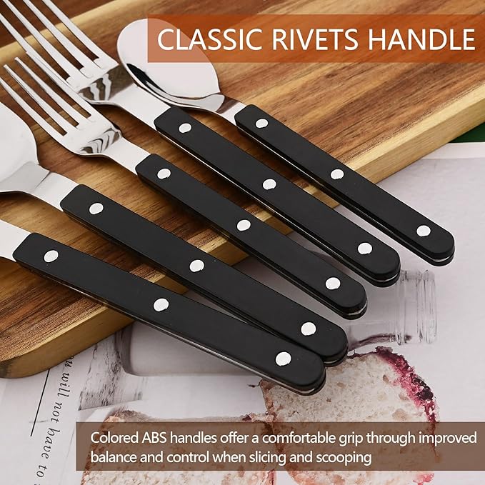 30 PCS Stainless Steel Flatware Set for 6, Silverware Set with Colored Handles, Retro Style Forks Spoons and Knives Set, Vintage Eating Utensils, Black Acrylic Handle with Rivets Design