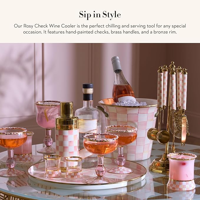 MACKENZIE-CHILDS Wine Cooler, Champagne and Wine Bucket, Ice Bucket, Pink-and-White Rosy Check