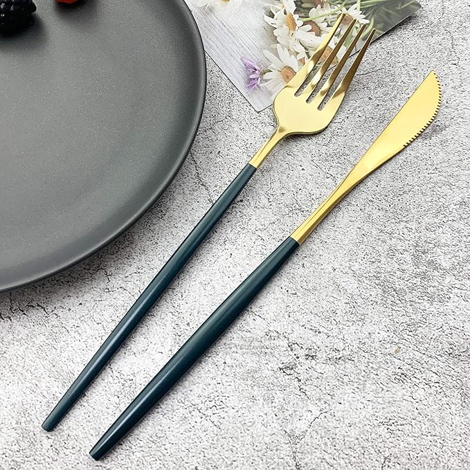 JASHII 18/10 Silver Silverware Set Stainless Steel Flatware Utensils Set Gold Cutlery Set| 24-Piece Modern Cubiertos Dorados| BEST Birthday Wedding Gift (4 sets, Green Handle Gold Mirror Polish)