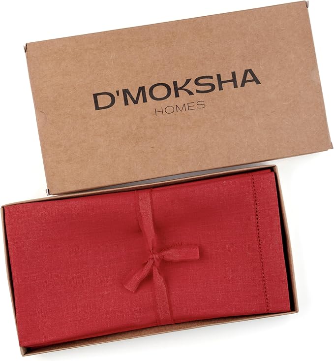 D'Moksha Homes Bright Red Linen Napkins Set of 4 - Classic Hemstitch 100% Pure Linen Hemstitch Dinner Napkins 20 x 20 Inch for Winter, Christmas, Holiday, New Year - Handcrafted and Machine Washable