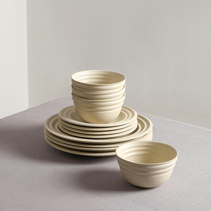Stone Lain Zen Stoneware 12-Piece Dinnerware Set, Service for 4, Beige, Includes Salad -, Dinner Plates & Bowls, Textured Sand Finish, Microwave & Dishwasher Safe
