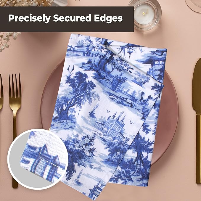 Urban Villa Cloth Napkins 100% Cotton Dinner Napkins Highly Absorbent 20x20 Inches (Set of 12) French Toile Blue Reusable Washable Soft Durable Premium Napkins Ideal for Home Wedding Parties