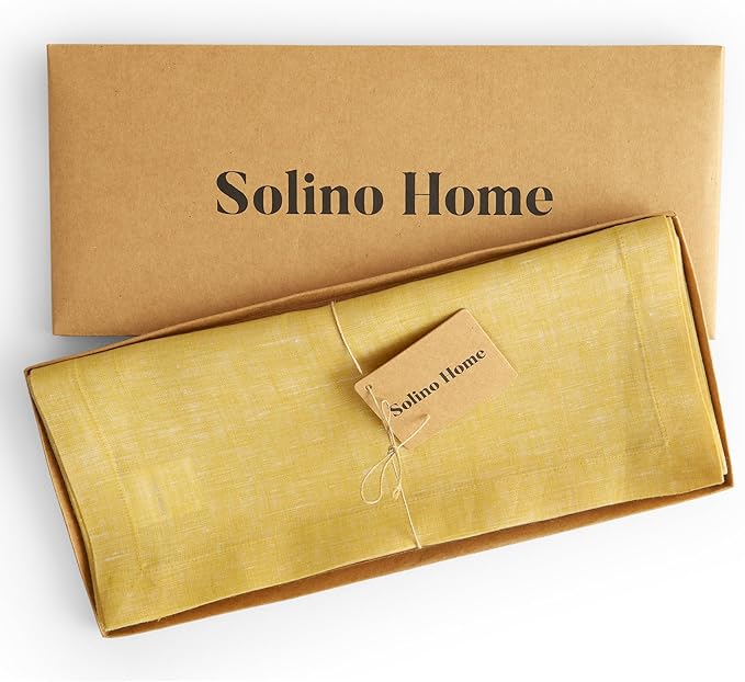 Solino Home Linen Table Runner 120 Inches Long - Athena, 100% Pure Linen Chambray Lemon Yellow 14 x 120 Inch Table Runner for Spring, Easter