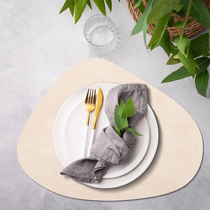 ADRIMER Placemats, Heat Resistant Round Placemats Set of 6 Washable 13 x 17 Inch, Waterproof Table Mats Wipeable for Kitchen, Dining Room Table Christmas Decor, Beige