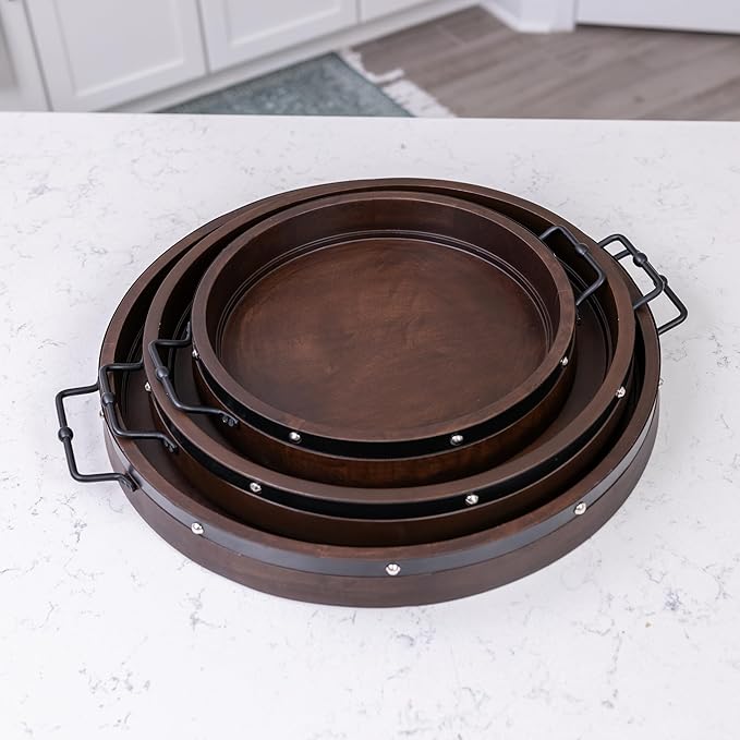 24" Extra Large Round Ottoman Tray, Heavy Duty Mango Wood, for Serving Tea, Breakfast in Bed, Living Room Large Coffee Table Tray Rustic with Farmhouse Style, Decorative Handles and Accent Strap