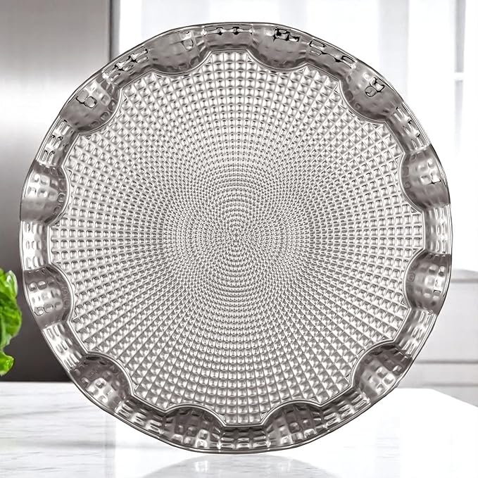 Alisveristime Round Metal Serving Tray for 6 – Ottoman Motif, (13.8" Diameter, 17.5 oz) (Silver)