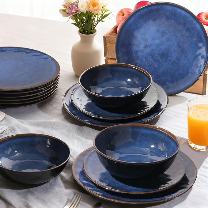 Rustic Farmhouse 12 Piece Melamine Dinnerware Sets - Service for 4, Lightweight Dinnerware with Plates and Bowls Sets, for Indoor and Outdoor Use, Unbreakable Kitchen Plates and Bowls (4, Blue)