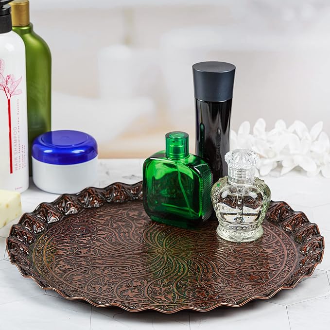 Crystalia Fancy Ottoman Serving Trays, Elegance Metal Turkish Trays for Beverage Serving, Vintage Ottoman Round Tray for Decorative Tea Coffee and Dessert Table, 12 inch Diameter
