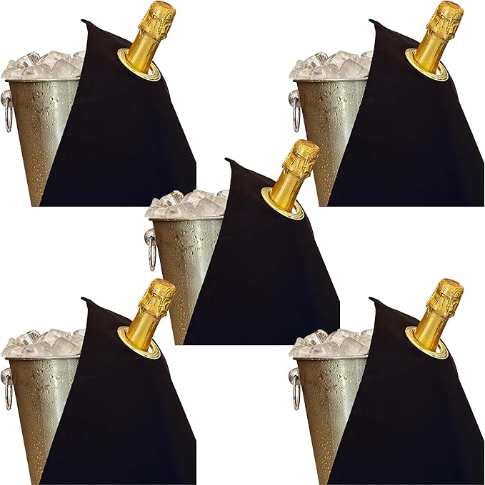 Classic Collection, Bottle Cloth with Metal Ring for Ice Buckets, Cotton, 42 cm, Corner Hole (Black with Gold Metal Ring, Pack of 5)
