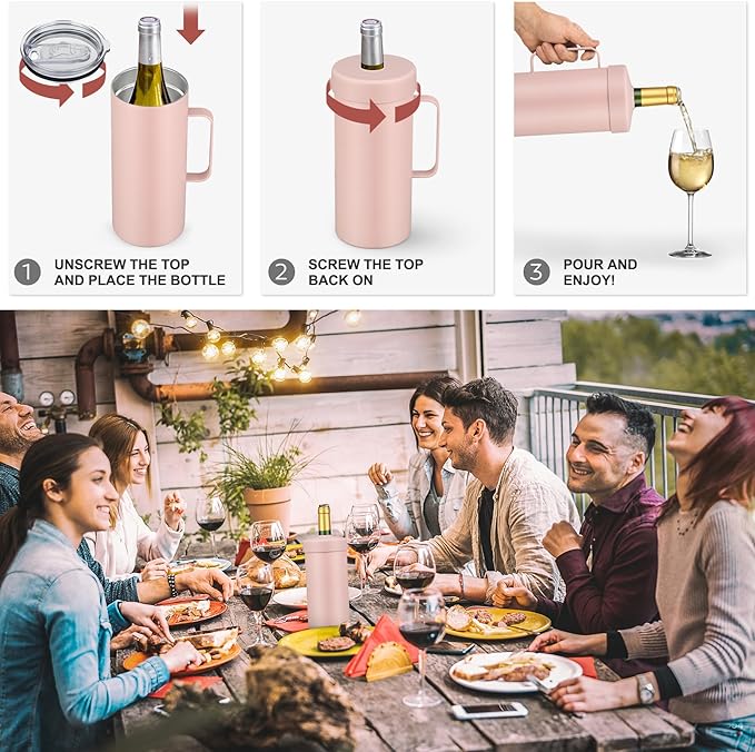 2 IN 1 Wine Chiller Single Bottle and Travel Tumbler, 42oz Stainless Steel Iceless Cooler Wine Bottle, Insulated Mug with Lid, Keep Wine Cold up to 6 Hours Fits Most Wine Bottles Gift for Wine Lovers