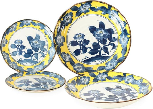 Mino Ware Japanese Ceramics 2 Pasta Plate & 2 Salad/Appetizer Plate Made in Japan (Japan Import) TNG007 (Yellow Camellia)