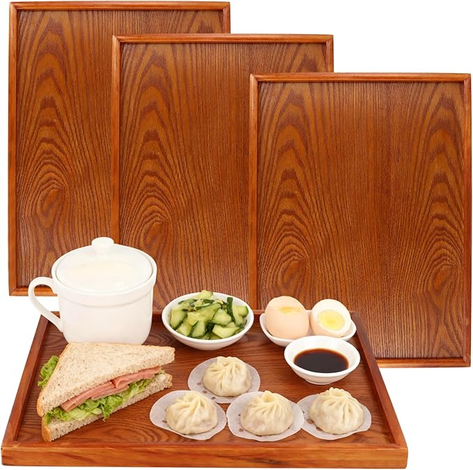 SINJEUN 4 PCS Solid Acacia Wood Serving Trays, 15.7" x 11.8" Rectangular Wooden Platters, Large Wood Platter for Food Vegetable Fruit Charcuterie Appetizer Dessert Cookie Coffee, Brown