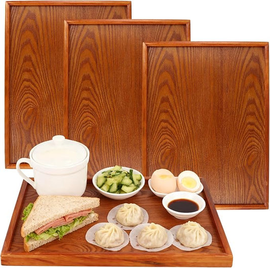 SINJEUN 4 PCS Solid Acacia Wood Serving Trays, 15.7" x 11.8" Rectangular Wooden Platters, Large Wood Platter for Food Vegetable Fruit Charcuterie Appetizer Dessert Cookie Coffee, Brown