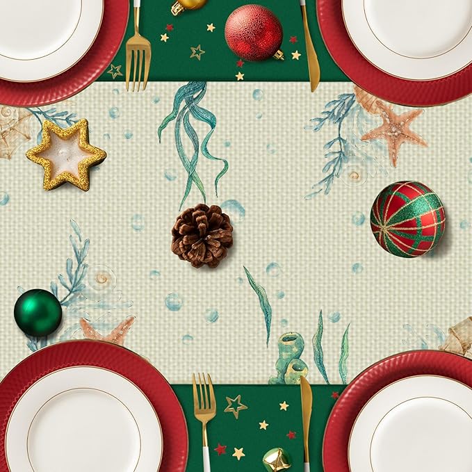 Sea Turtle Starfish Table Runner Seasonal Holiday Kitchen Dining Linen Table Decoration for Indoor Outdoor Home Party Decor 13 x 72 Inch