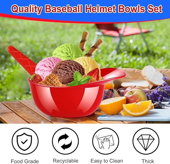 MEEZY 30 Set Baseball Helmet Ice Cream Bowls with 15 Mini Dessert Cups and 15 Spoons, 8oz Reusable Baseball Cap Snack Dessert Cup Bowls Baseball Party Favors for Kids Sports Birthday Party Supplies