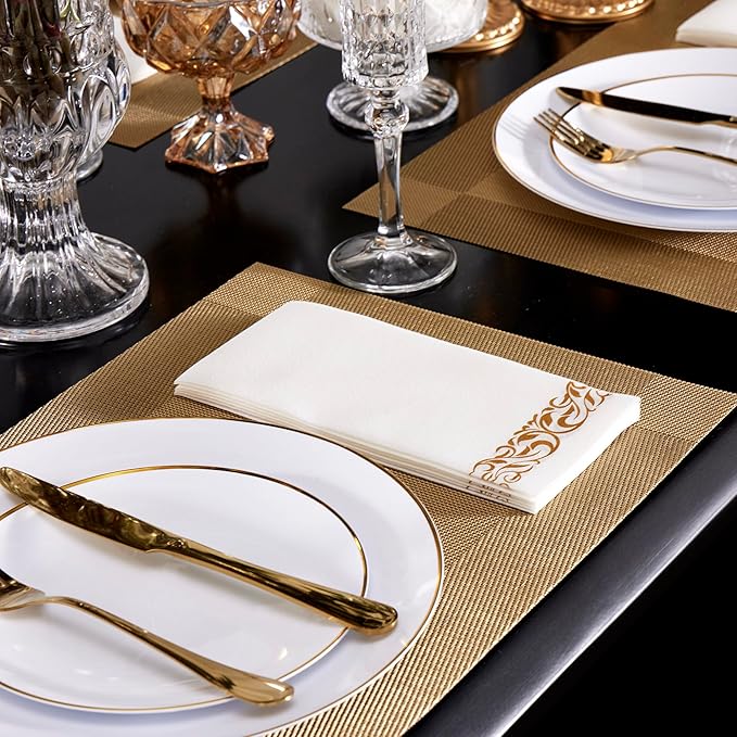 200 Pack Disposable Paper Napkins, Linen-Feel Paper Hand Towels, Elegant White Napkins with Gold Design for Kitchen, Wedding, Parties, Dinners or Events (12" x 17")