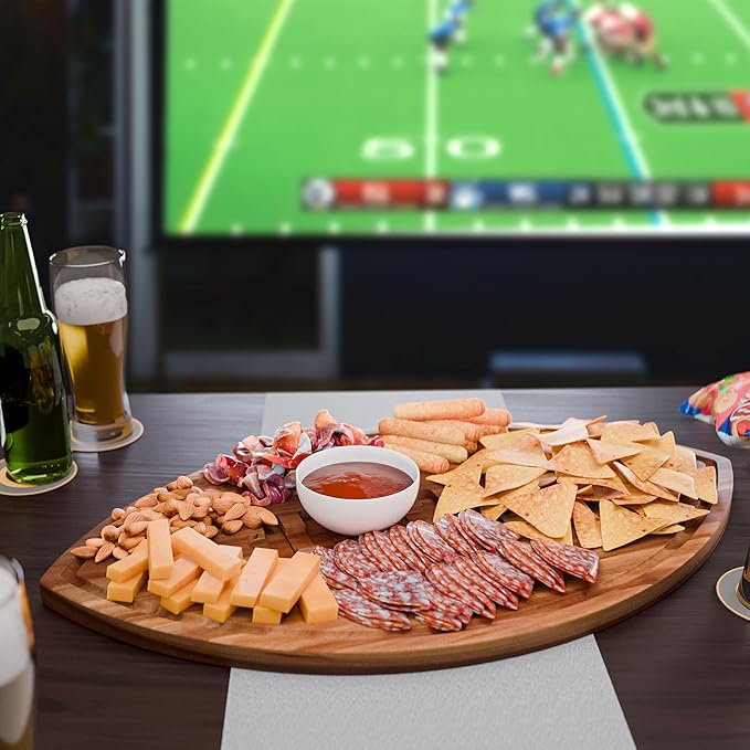 New – Giant Football Shaped Cutting Board – Jumbo Size Acacia Wood Charcuterie Tray – Extra Large Wooden Football Serving Platter for Super Bowl Parties, Tailgate Hosting & Gifts