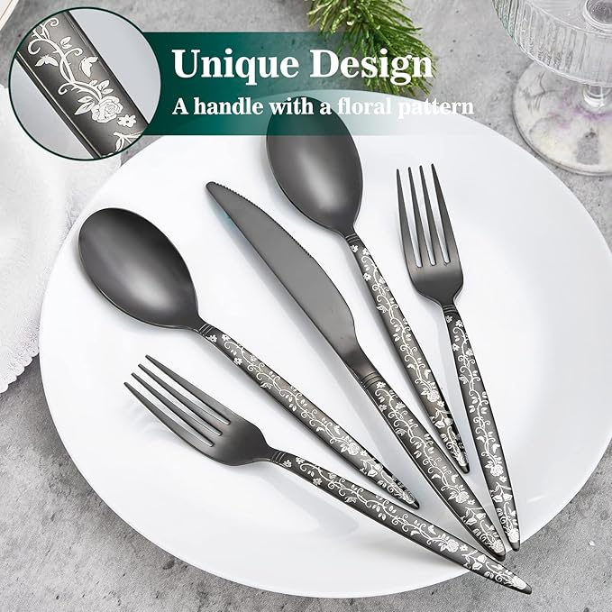 12-Piece Black Silverware Set, Flower Pattern Fancy Knife, Spoons and Forks, Stainless Steel Flatware Cutlery, Serving Utensil Set With Steak Knives, Forks and Spoons