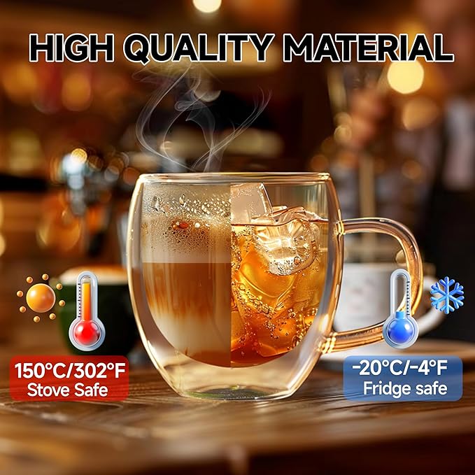 YMMIND Set of 4 Double Walled Glass Coffee Mugs 6 Ounces Insulated Layer Coffee Cups with Handle Borosilicate Glass Espresso Cup for Hot Beverage,Cappuccino,Tea,Latte,Wine,Microwave Safe