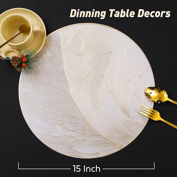 FAVE 12PCS Round Placemats Feather Pressed Vinyl Placemats Set of 12 Slip Resistant Table Mats Wipeable Gold Placemat for Table Decor Holiday Wedding Accent(Golden Feather, 12PCS)