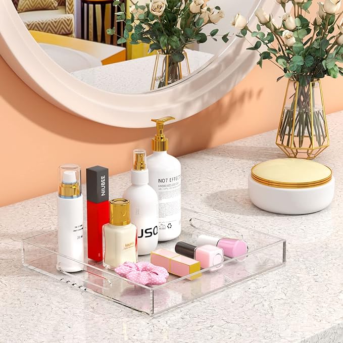 NIUBEE Acrylic Serving Tray 10x10 Inches -Spill Proof- Clear Decorative Tray Organiser for Ottoman Coffee Table Countertop with Handles