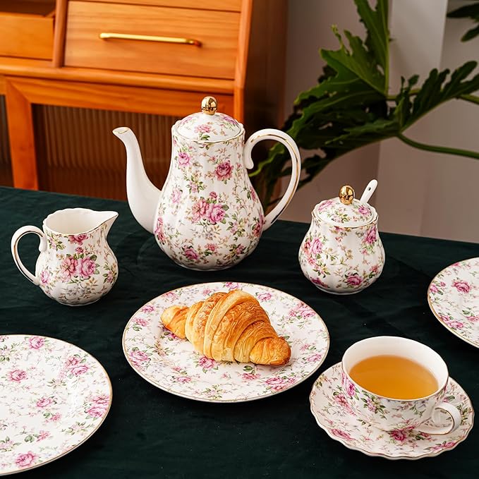 Porcelain Floral Plates, 8 inch, Set of 4,Small Plate, Small Appetizer Plates,Round dessert plate for breads, desserts, snacks, salads (White with flowers)