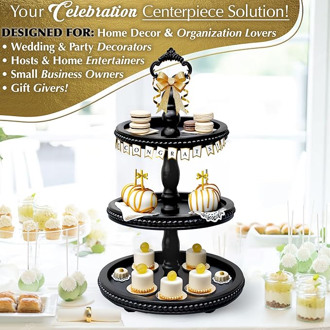 [3-in-1] Wooden Tiered Tray Stand - Beaded 3 Tiered Tray Decor Wood Cupcake Stand for Farmhouse Country Rustic Home - 3 Tier Stand [with 3 Changeable Handles] by Felt Creative Home Goods (Black)